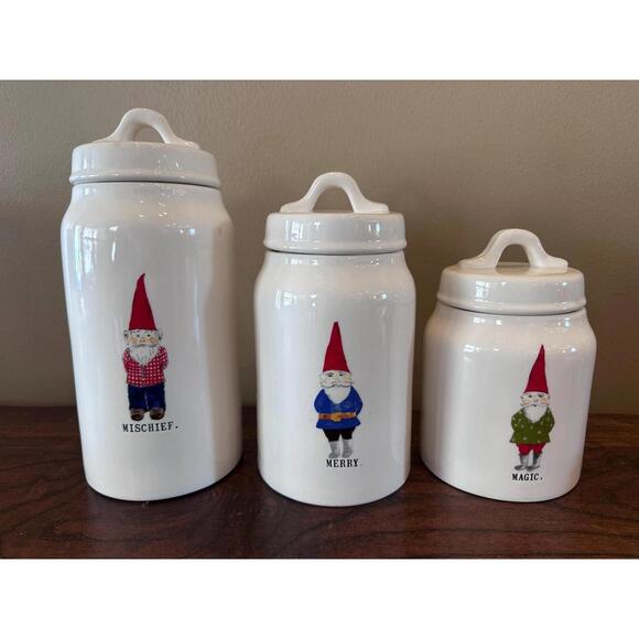 Vintage Rae Dunn “Mischief Merry Magic” Ceramic Canister Set